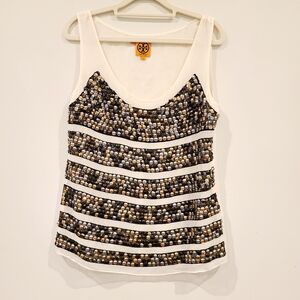 Tory Burch Silk Y2K Sequin Mixed Metal Sequin Stripe Sheer Tank Top Blouse